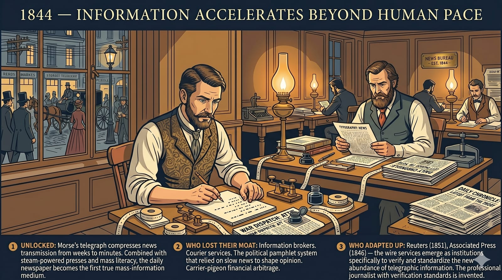 Editorial illustration of a 19th-century newsroom circa 1875 with a telegraph operator transcribing dispatches in the foreground and a bearded editor reviewing news pages in the background, lit by gas lamps.